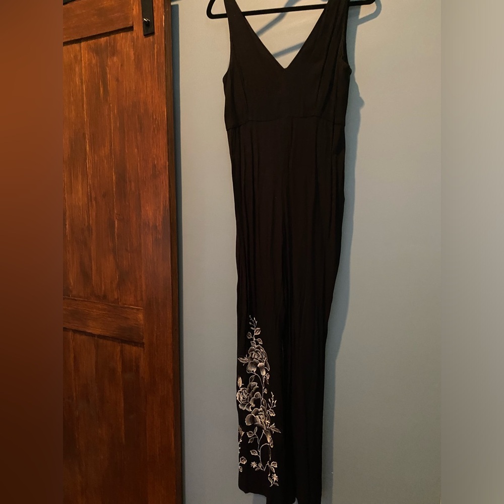 Anthropologie sleeveless black jumpsuit with embroidery
